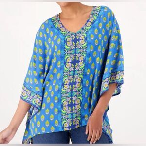 Women Belle By Kim Gravel Blue Bright V-Neck Poncho Flowy Blouse Extra Large XL